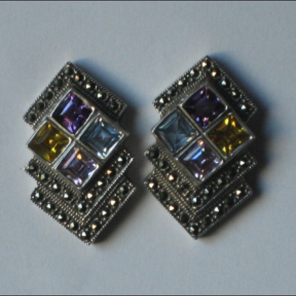 Jewelry - Vintage sterling earrings marcasites gemstones